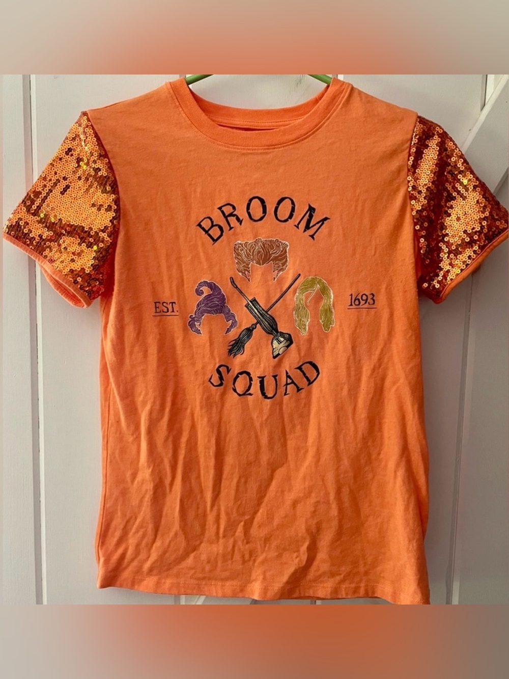 Disney Orange "Broom Squad" Short Sleeve Tee with Sequin Sleeves size 14/16